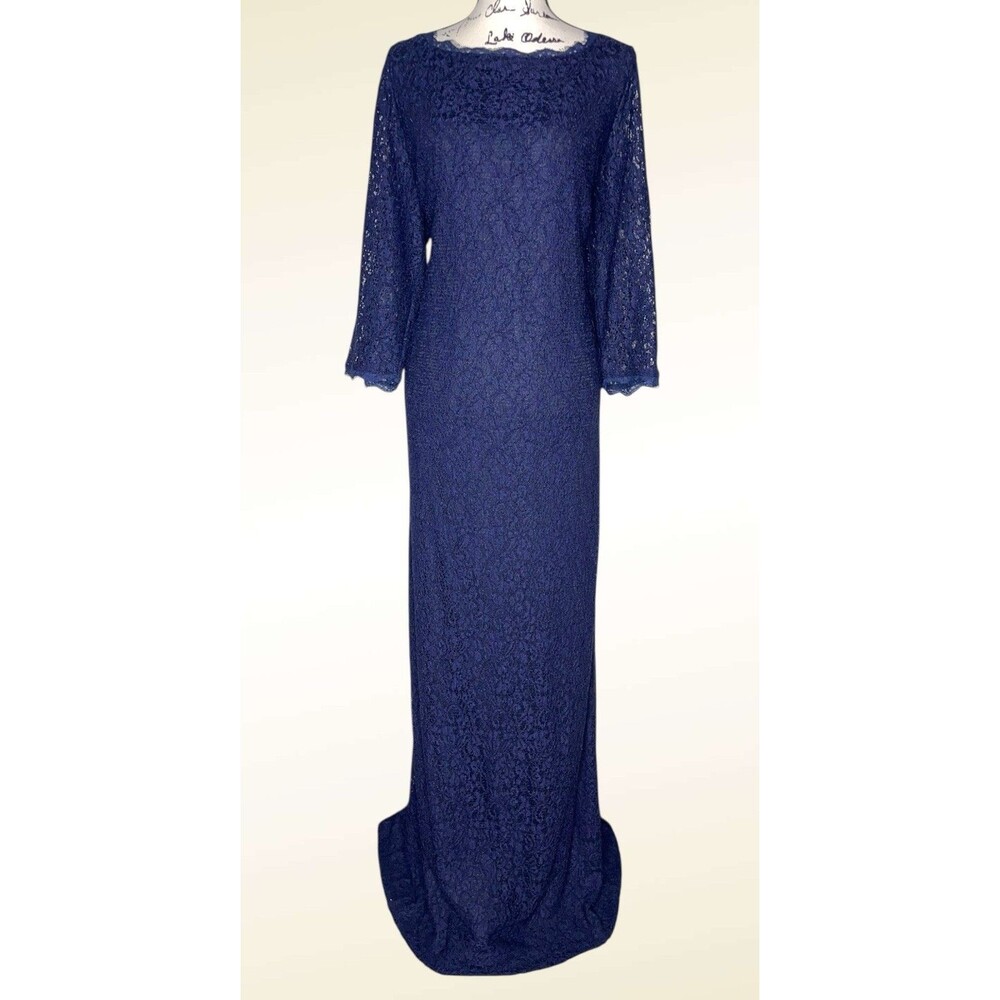 Adrianna Papell Gown Dress Plus Size 16W Navy Blue Lace Overlay 3/4 Sleeve Maxi